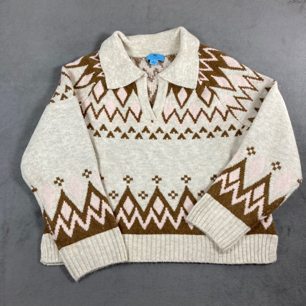 CeCe Fair Isle Geometric Polo Collar Sweater Cream Brown Pink Small Pullover